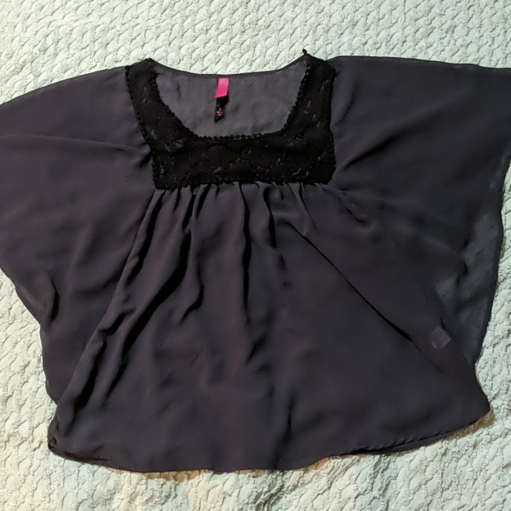 Sheer gray top with black embellished collar.
